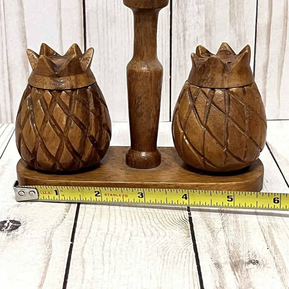 Monkey Pod Wood Pineapple Salt & Pepper Shakers Vintage Waikiki Woods Hawaii